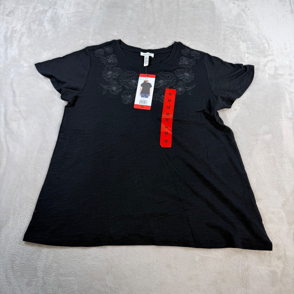 Ella Moss Floral Graphic T-Shirt Womens Medium Black Cotton Modal Slub Knit Top
